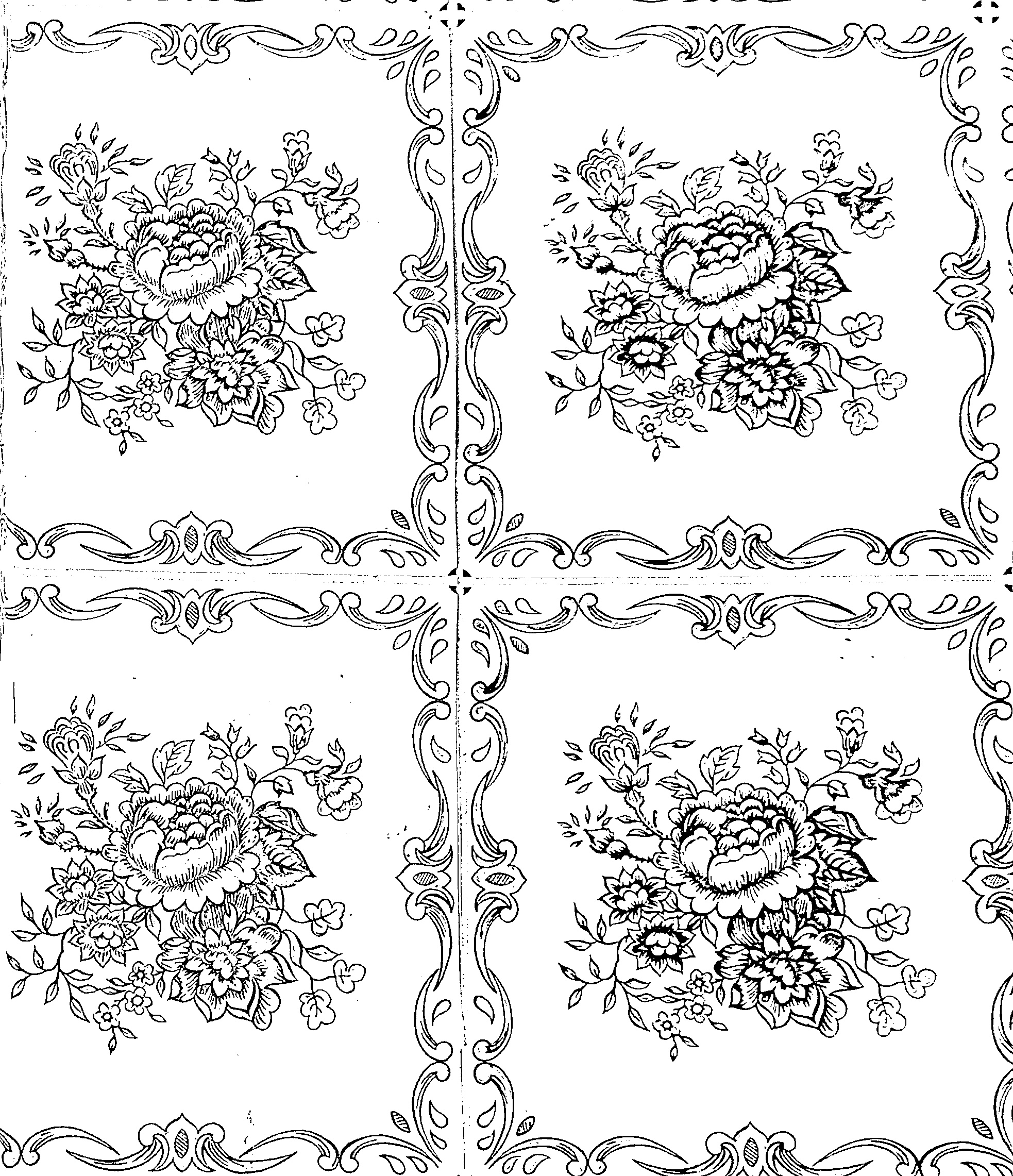 Lisbon tile converted to black and white. Four ornate floral designs are arranged in a grid, each featuring a detailed bouquet of blooming flowers with intricate leaves, enclosed in an elegant, decorative border.
