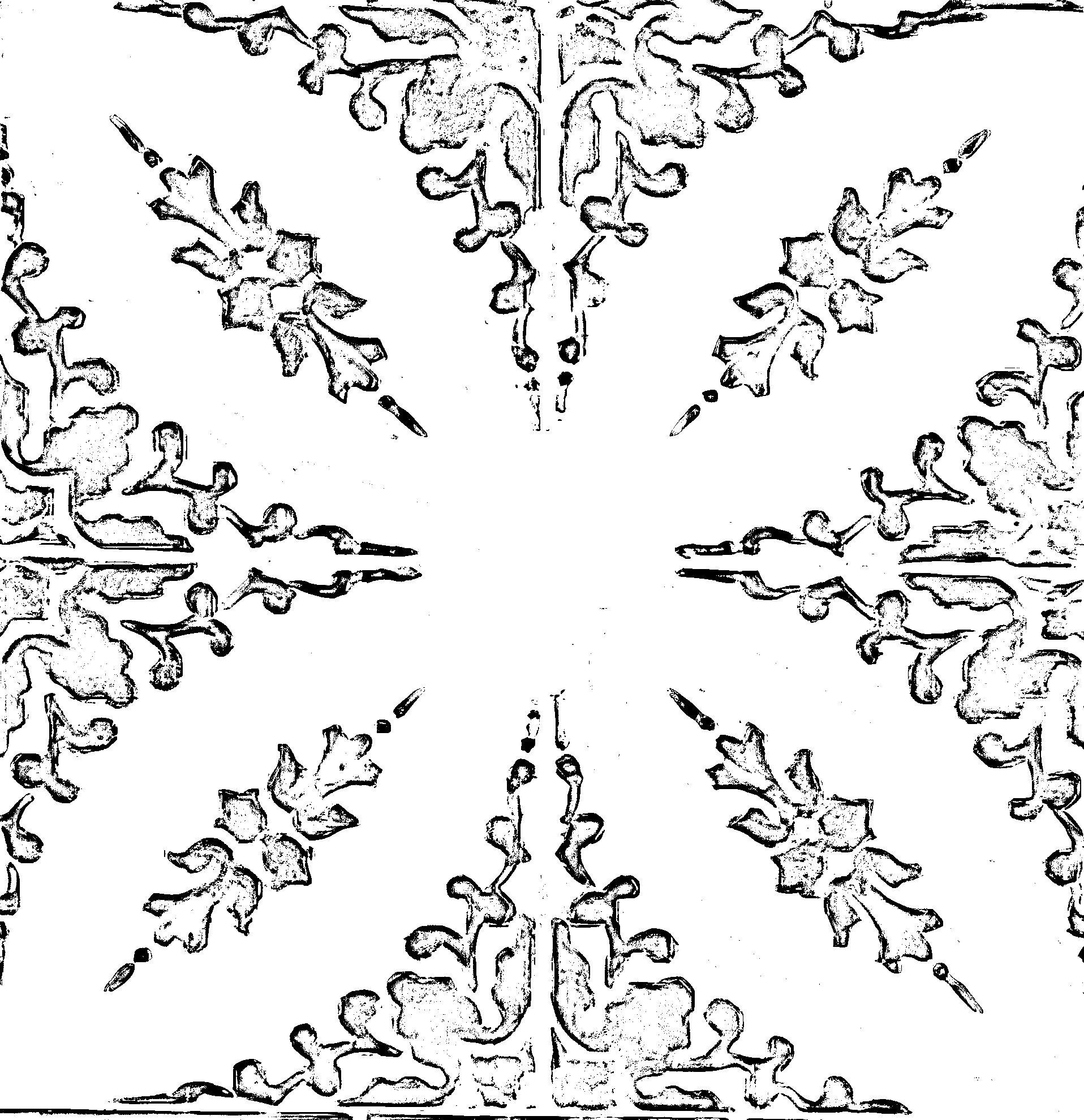 Lisbon tile converted to black and white. An intricate black and white symmetrical pattern featuring ornate, leaf-like designs radiating from the center, creating an elegant and balanced visual effect.
