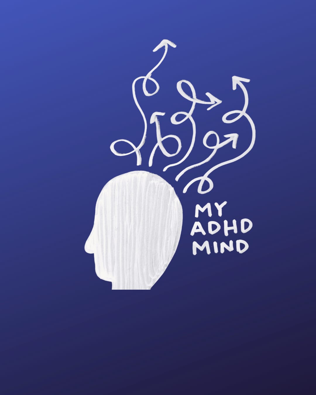 a graphic of a head with arrows poiting out of the top in a bunch pf spiraly directions. it says "my adhd mind"
