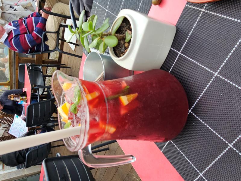 A pitcher of sangria on a table. There is a small succulent next to it. 