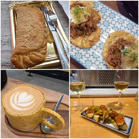 A collage with 4 images. From top left: an empanada, a pork dish, a latte, and a plate of potatos