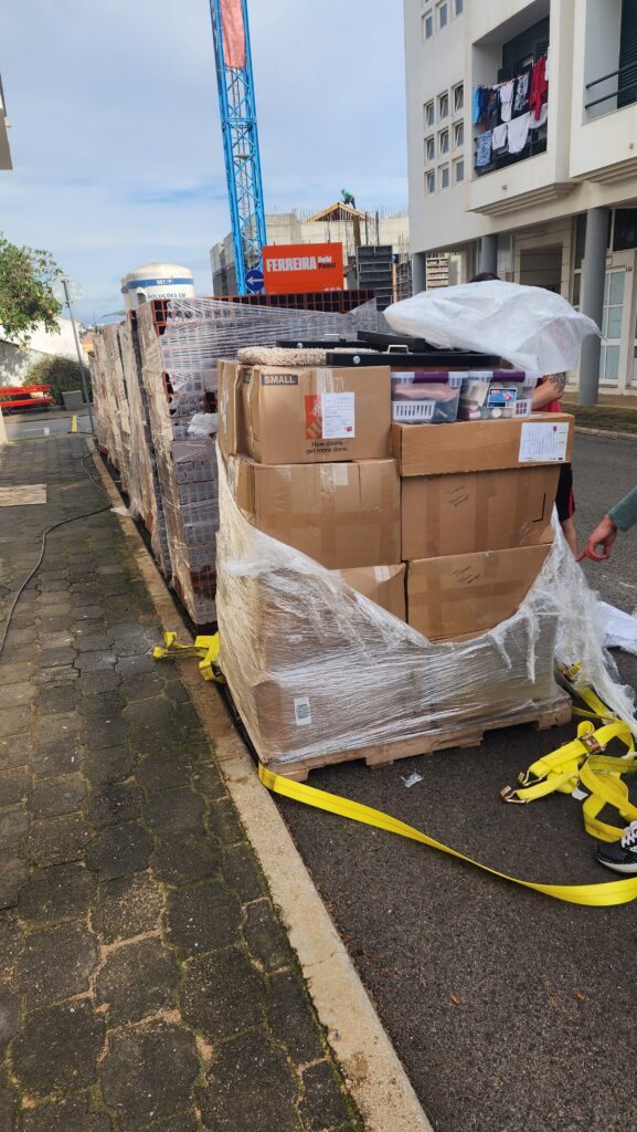 a large moving pallet packed with boxes