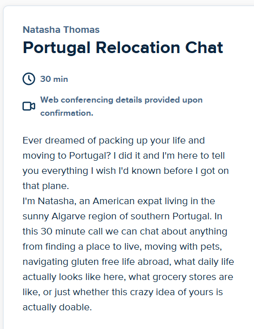 A screenshot of the booking page to schedule a relocation chat 