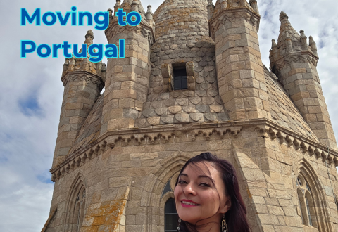 A woman standing in front of the tower at the Evora Cathedral with the text "10 Things I Wish I Had Known Before Moving to Portugal"
