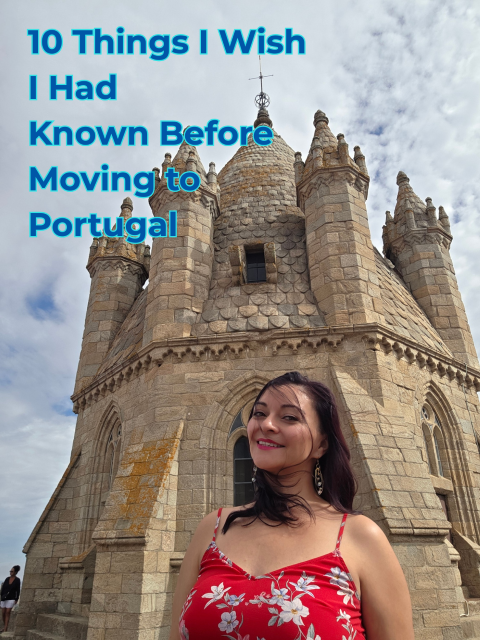 A woman standing in front of the tower at the Evora Cathedral with the text "10 Things I Wish I Had Known Before Moving to Portugal"
